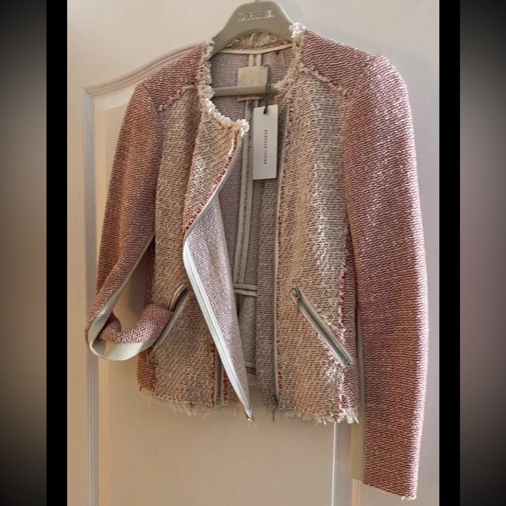 REBECCA TAYLOR COTTON BOUCLE TWEED RED/WHITE STRETCHY JACKET Leather Trim S 2